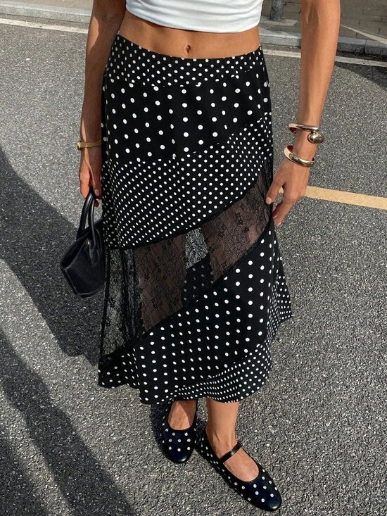 Black Casual Women's Elegant Polka Dot Print Contrast Lace Skirt - Picture 3 of 5